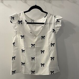 SHEIN White V-Neck Bow Print Ruffle Sleeve Blouse